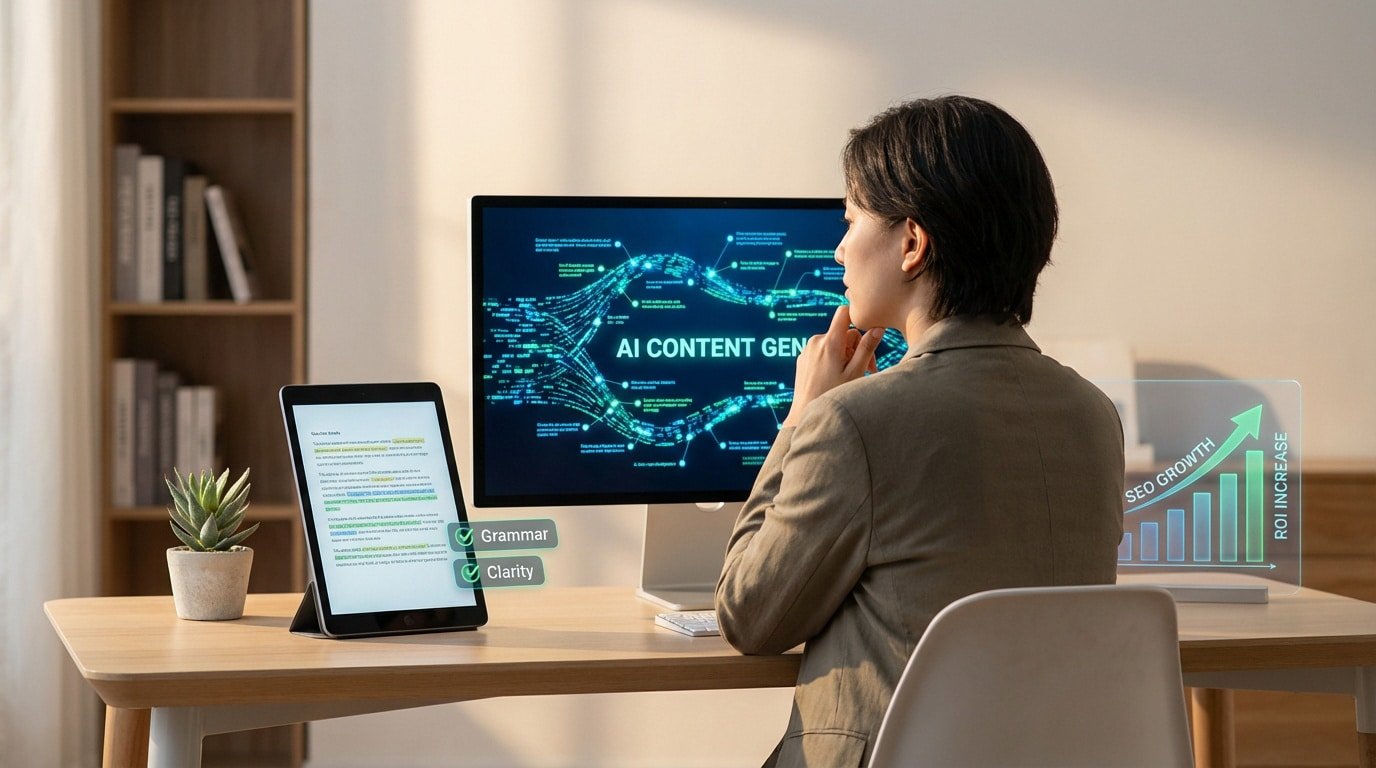 Woman using AI content generation on a monitor, a tablet showing grammar checks, and a holographic display for SEO and ROI growth.