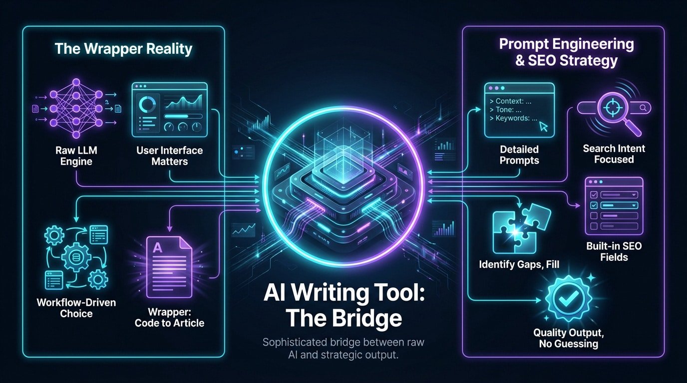AI writing tool workflow showing the connection between LLM models and strategic content output