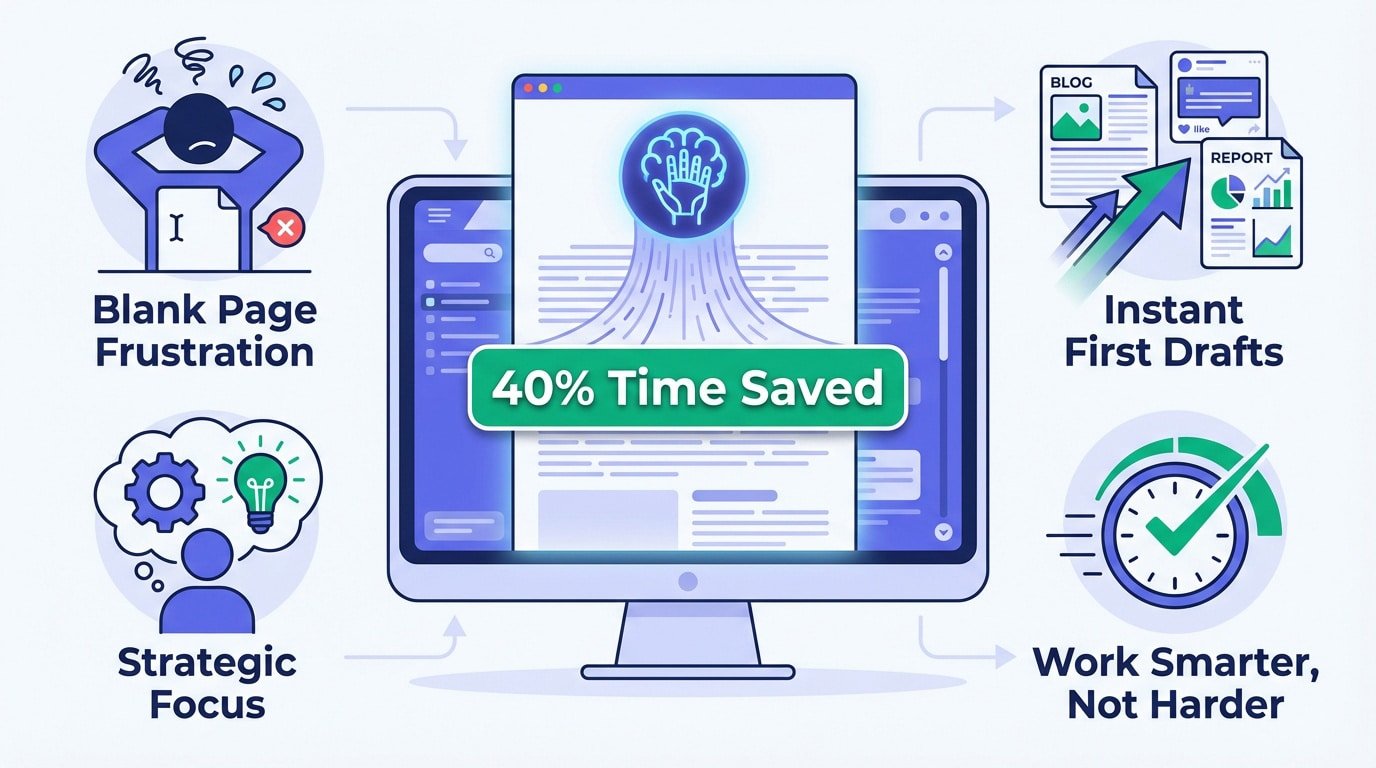 AI writing assistant helping a creator save time and focus on strategy