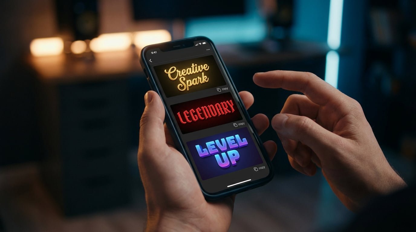 Close-up of hands holding a smartphone displaying a text generator app with "Creative Spark", "LEGENDARY", and "LEVEL UP" in bold, stylized fonts. Blurred room background.