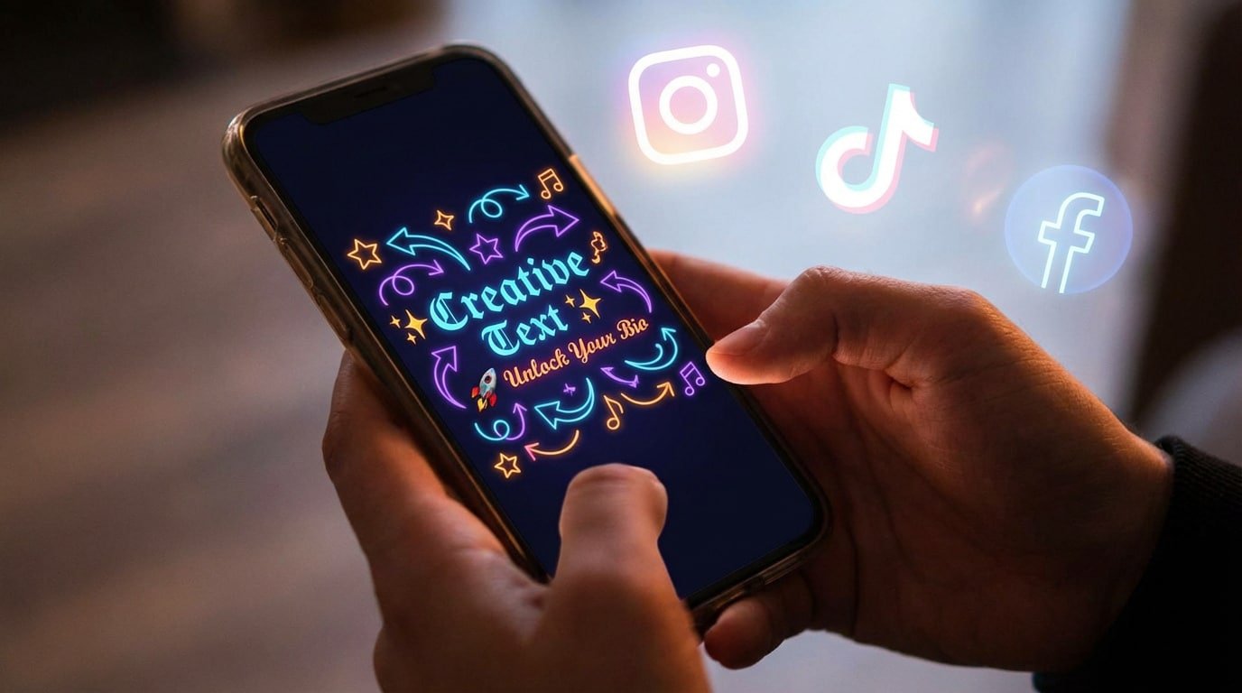 Hands holding a phone displaying "Creative Text Unlock Your Bio" in neon. Social media icons (Instagram, TikTok, Facebook) glow in background.