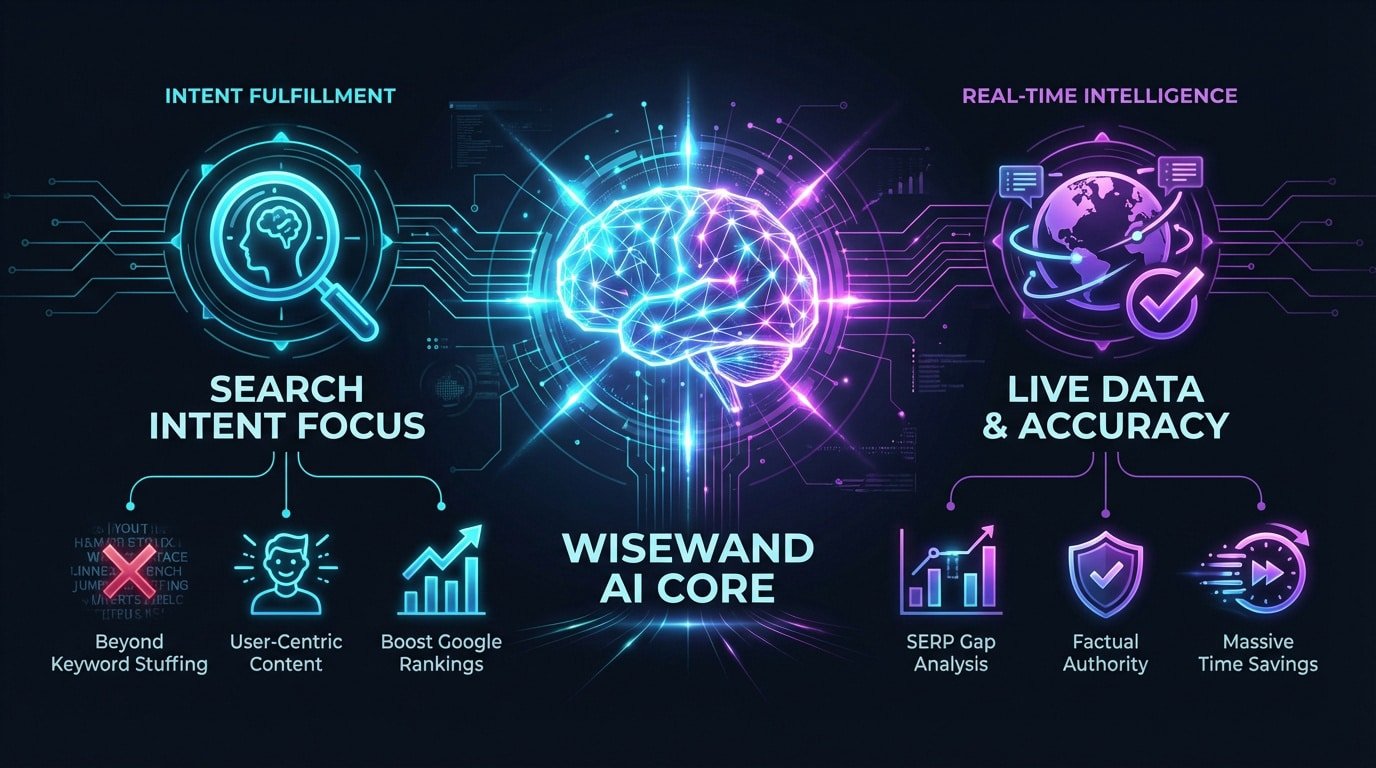 Wisewand AI analyzing search intent and real-time SERP data for SEO content creation