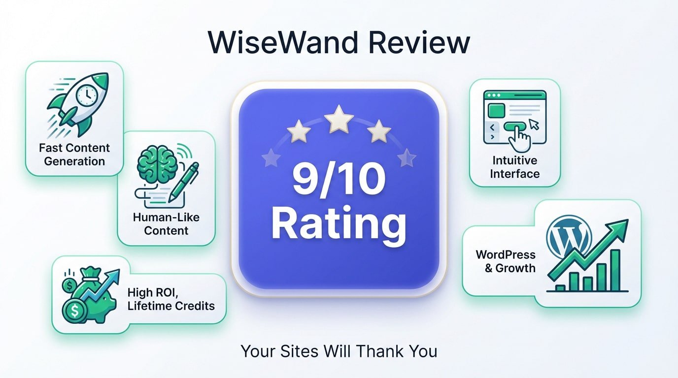 WiseWand AI content generation features and performance review infographic