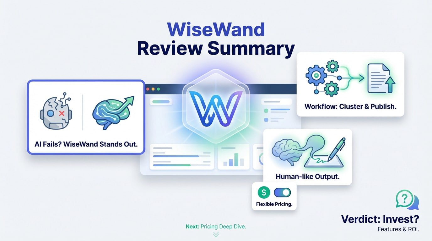 WiseWand SEO AI tool key features and summary infographic