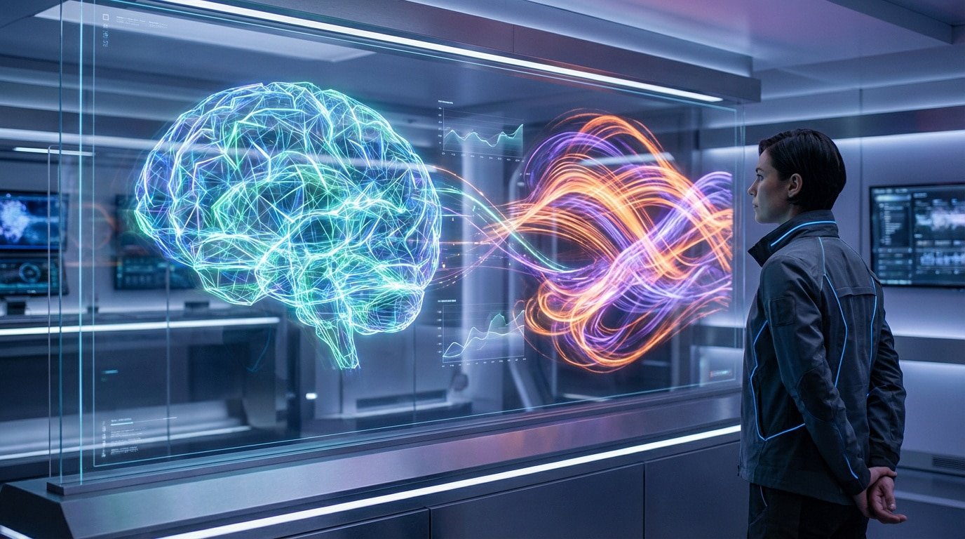 A woman observes a glowing holographic brain linked to data streams on a transparent display in a futuristic lab, symbolizing advanced AI.