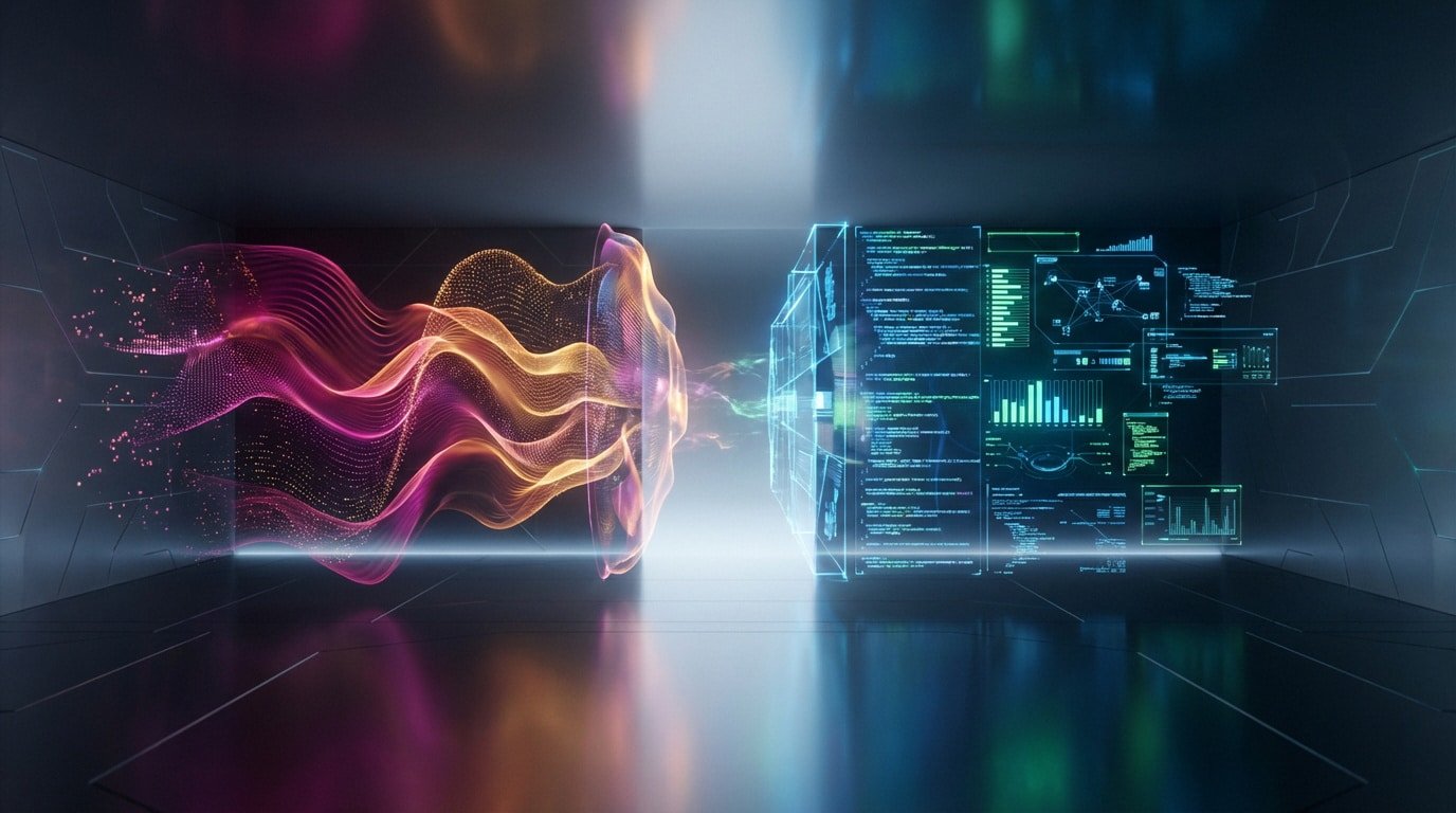 Futuristic digital battle between creative AI (flowing waves of pink/orange data) and analytical AI (blue code cube & graphs).