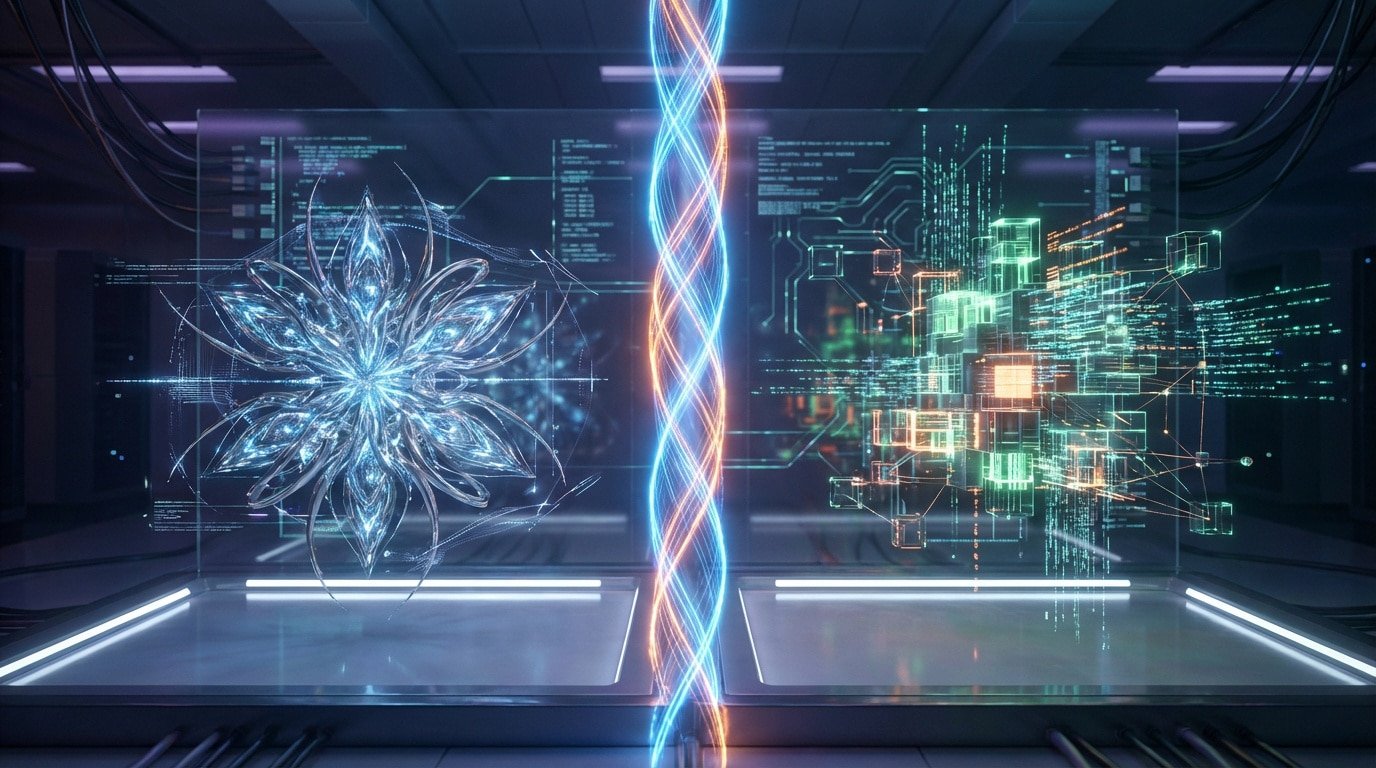 Two AI tools, Wisewand (complex fractal) and TextBulker (data grid), compared in a digital realm with a central energy beam. Represents AI SEO competition.