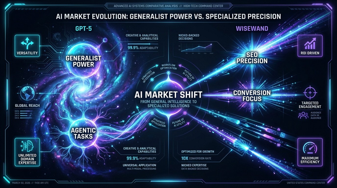 Comparison between GPT-5 generalist AI and Wisewand specialized SEO automation tool