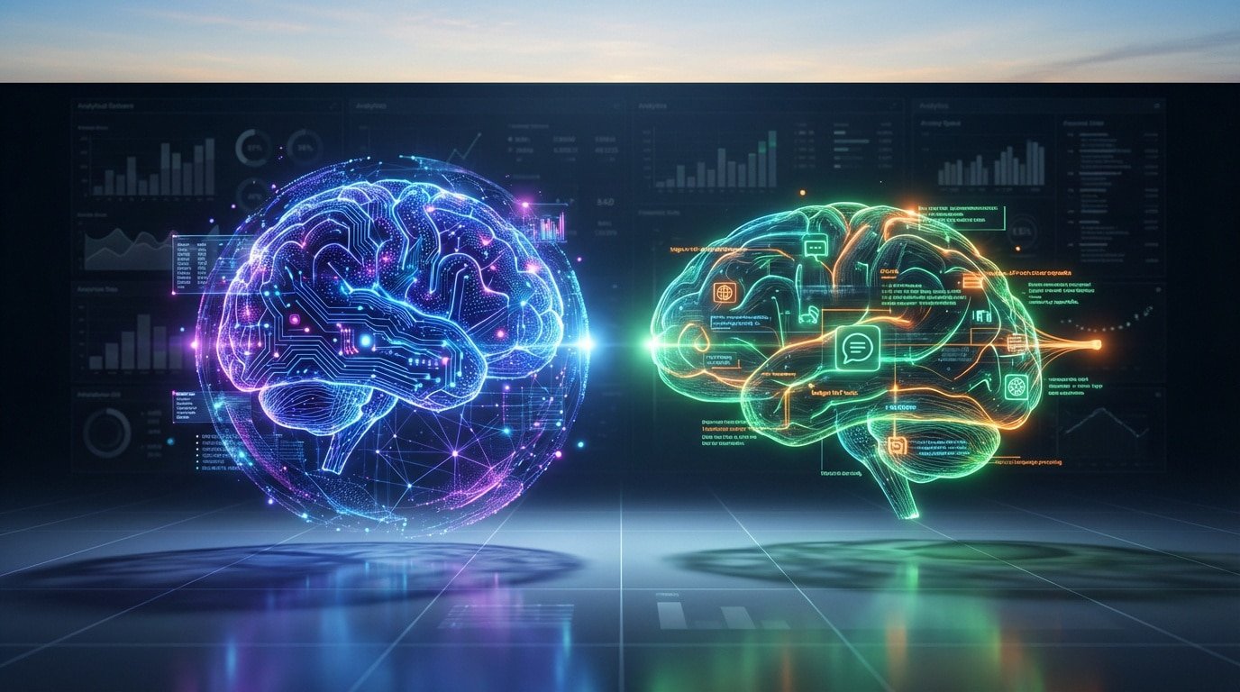 Two glowing AI brains, purple and green, facing each other with digital interfaces, symbolizing a comparison of SEO tools.