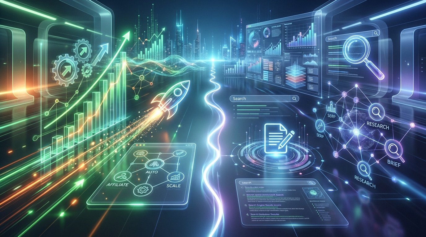 Futuristic digital landscape depicting SEO scaling and marketing analytics with glowing charts, rockets, search interfaces, and data networks.