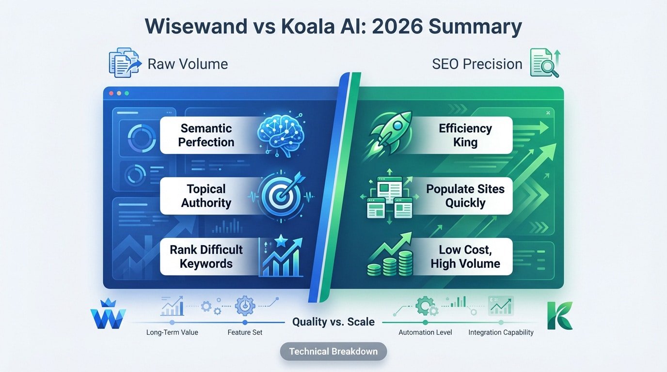 Comparison between Wisewand and Koala AI SEO writing tools in 2026