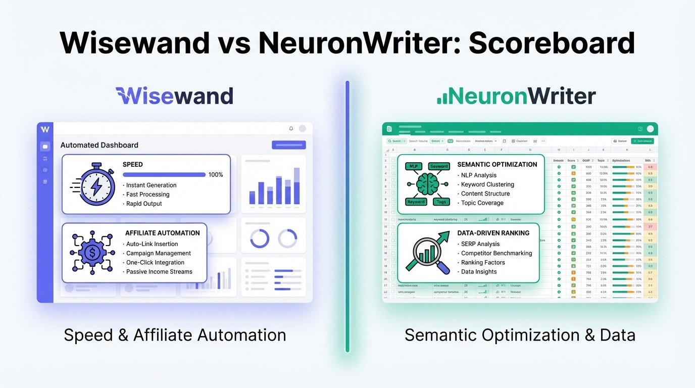 Comparison table showing Wisewand vs NeuronWriter features including affiliate mode and AI images