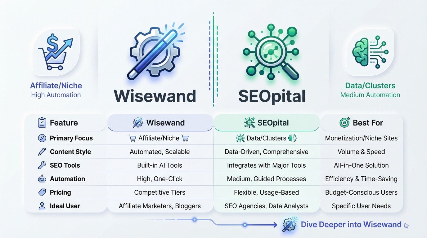 Infographic comparing Wisewand and SEOpital features for SEO dominance