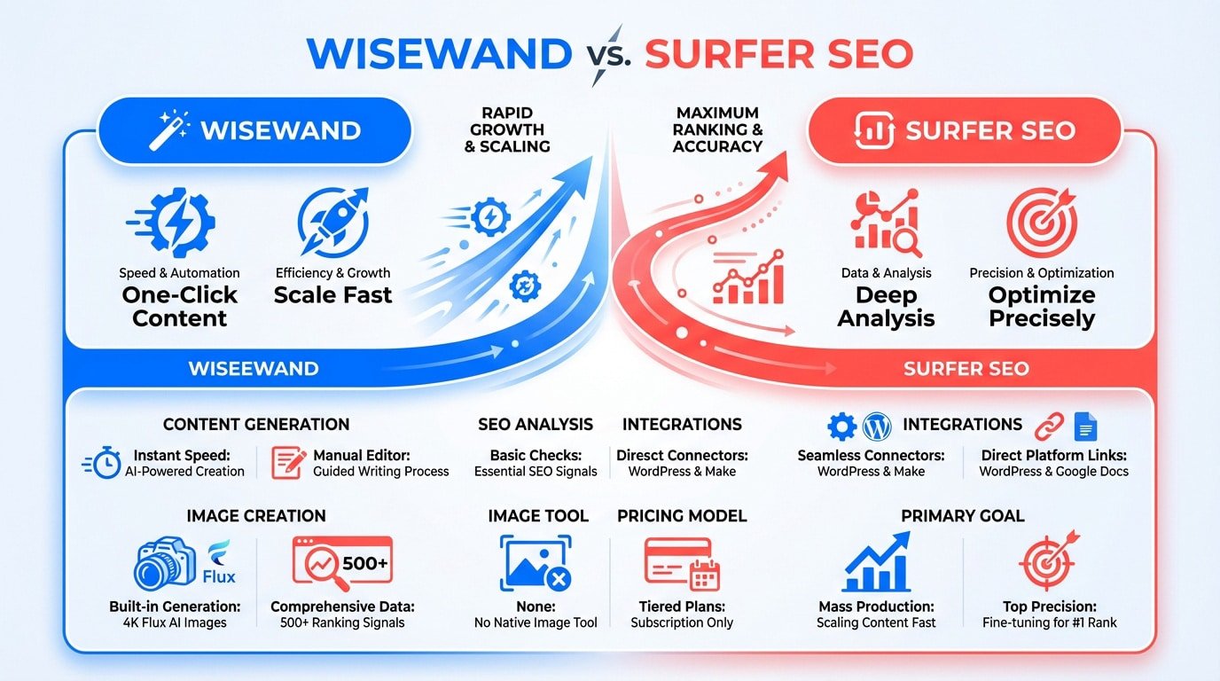 Comparison table of Wisewand and Surfer SEO features including AI generation and SERP analysis