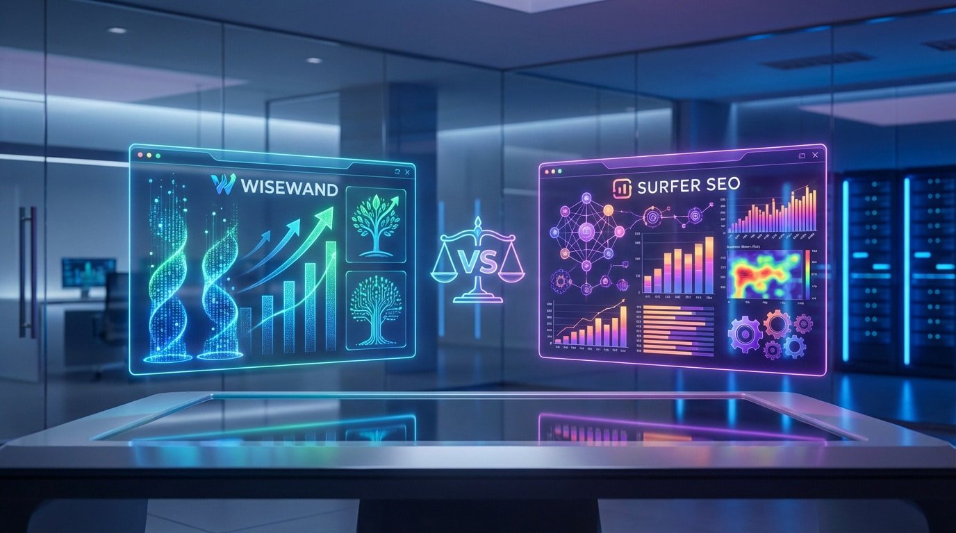 Two glowing holographic screens display Wisewand (green growth data) and Surfer SEO (purple analytics), with a 'VS' scale between them in a futuristic office.