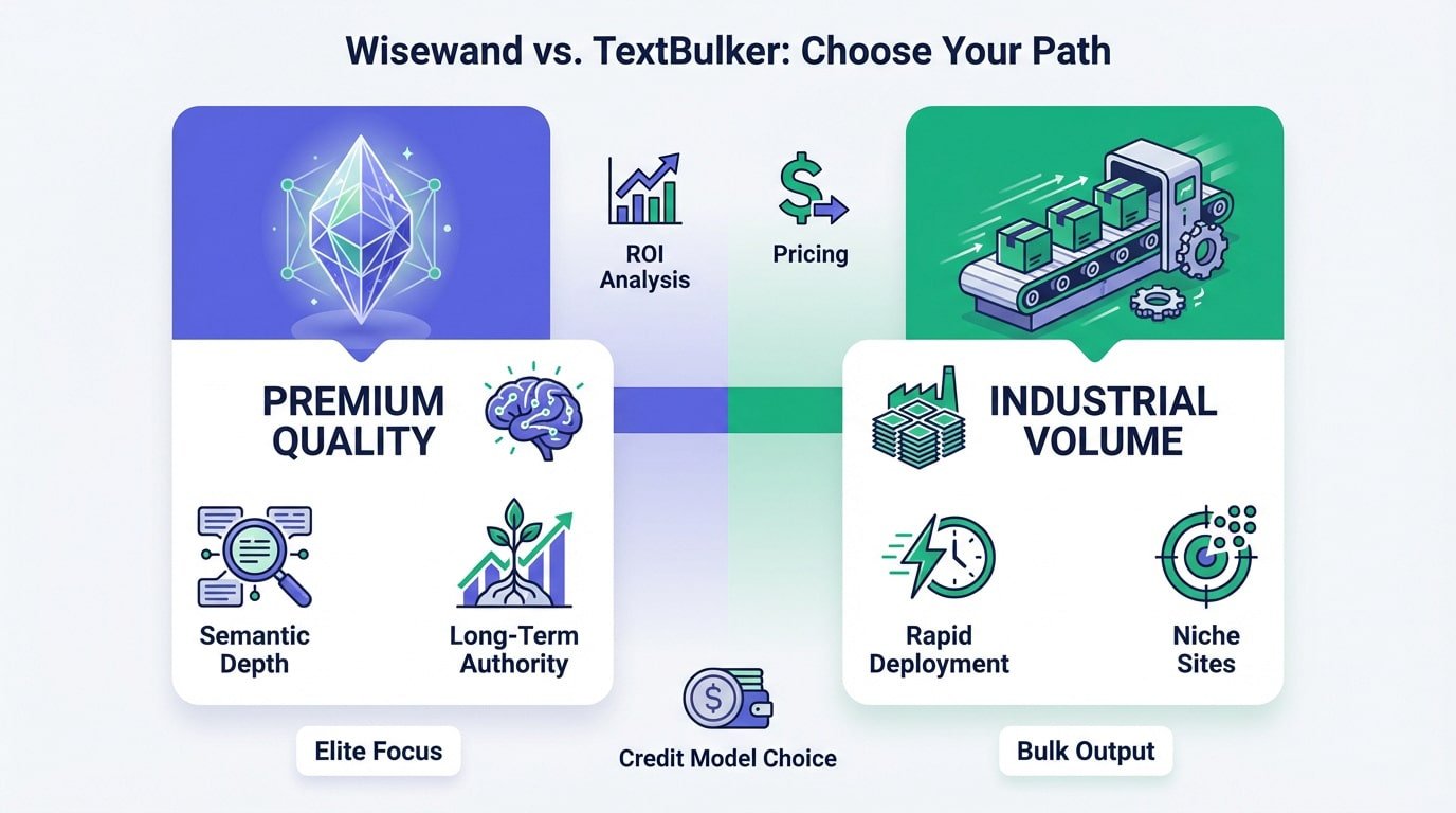 Comparison infographic between Wisewand for quality and TextBulker for volume